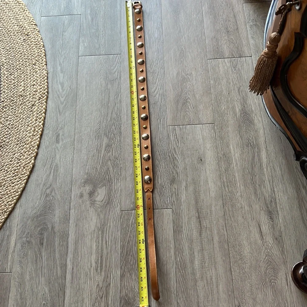 VTG Mustard Yellow Leather Coin Belt Brass Silver Metal Medallions Western Boho